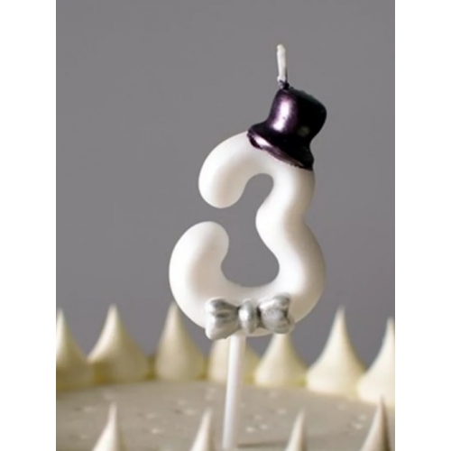 Świeczka na tort cyfra 3 biała z kapeluszem
